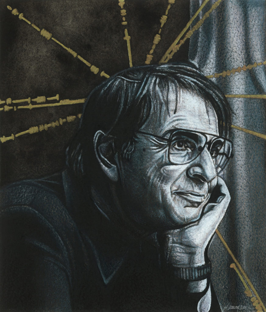 A Portrait of Carl Sagan 2016 Commissioned for 'Space: Cool As Fuck' (2017) 21.5 x 18.5 Watercolour pencil, watercolour paint and gold ink on Archer's watercolour paper. 